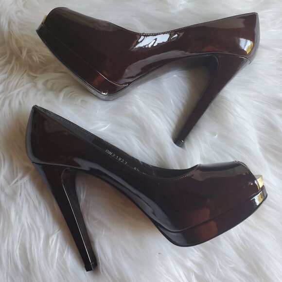 Stuart Weitzman Shoes - Stuart Weitzman Burgundy Patent Leather Peep Toe Platform Pumps SZ 8.5